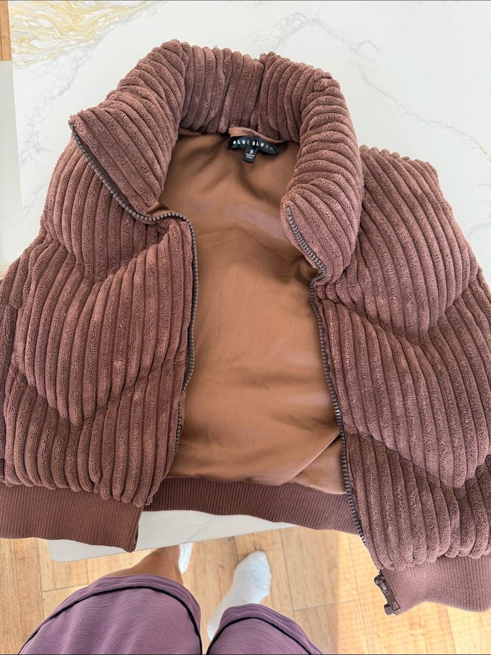 Blue Blush Brown Ribbed Puffer Vest